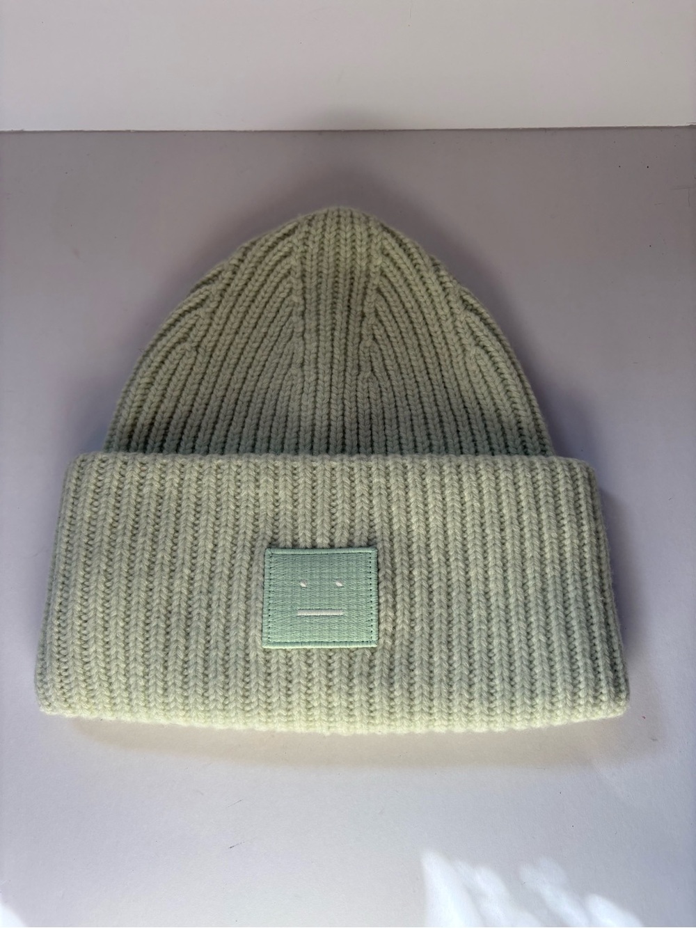 NWOT Acne Studios Pansy Face Mint Light Green Wool Hat Beanie Unisex Ribbed Knit